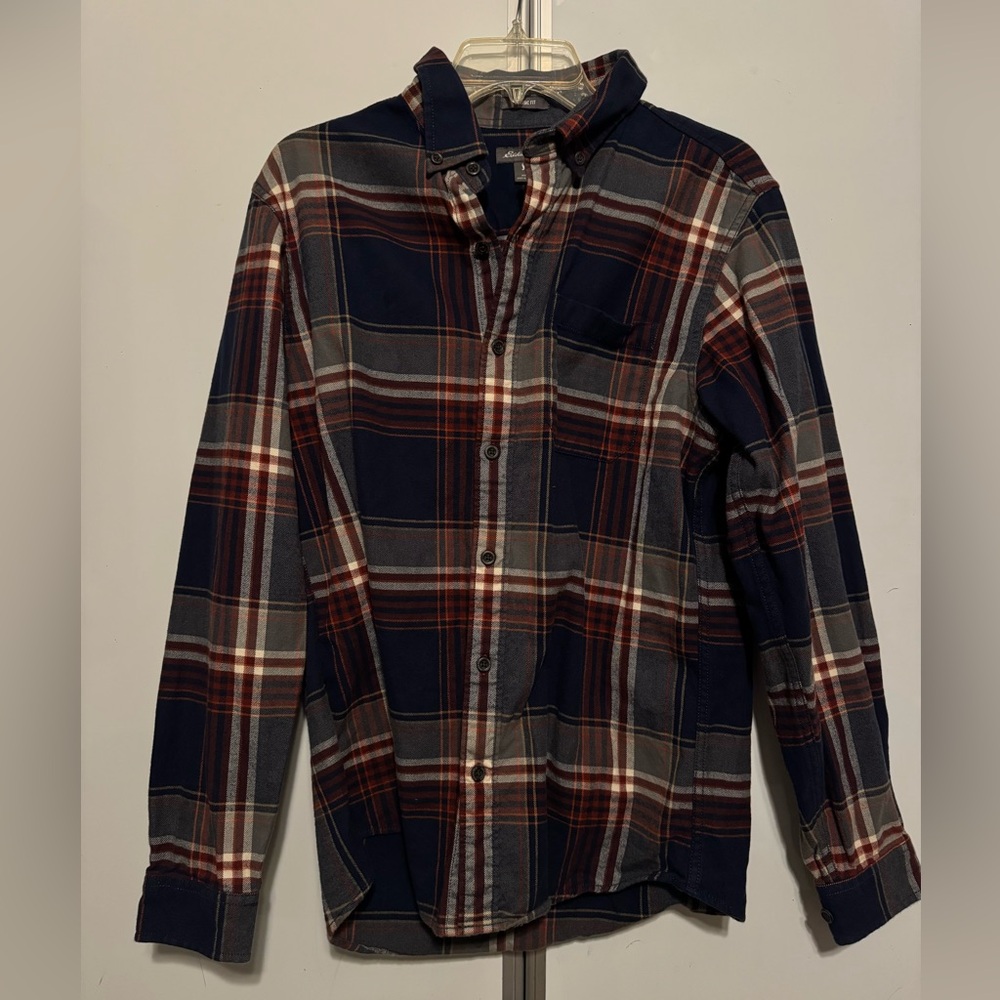 Eddie Bauer Men's Dark Blue and Red Plaid Shirt